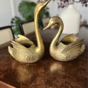 Vintage Gold Brass Swan Planters Art Deco Mid Century Hollywood Regency
